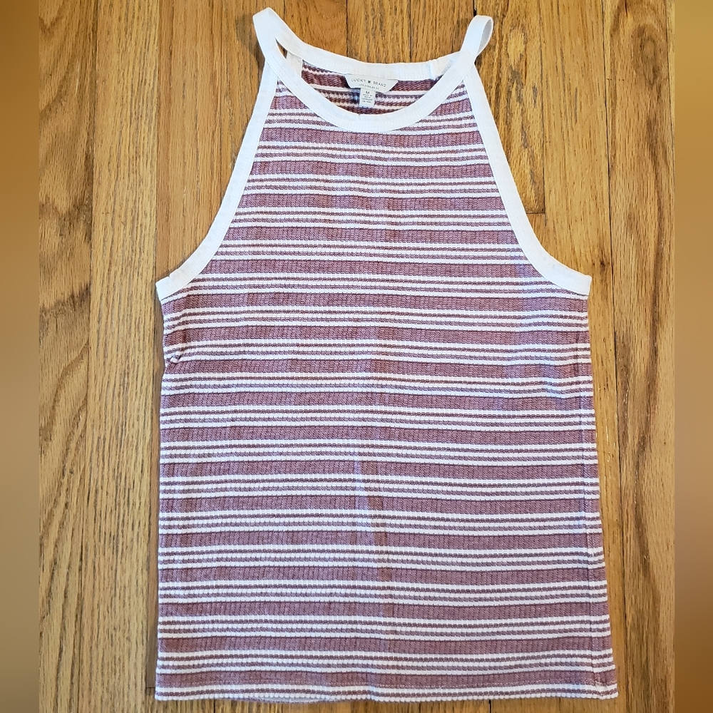 Lucky Brand Light Red/White Stripe Ribbed High Neck Tank, Size M